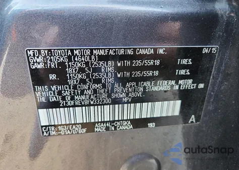 2015 Toyota Rav4 Limited from USA, damaged, VIN 2T3DFREV8FW332300